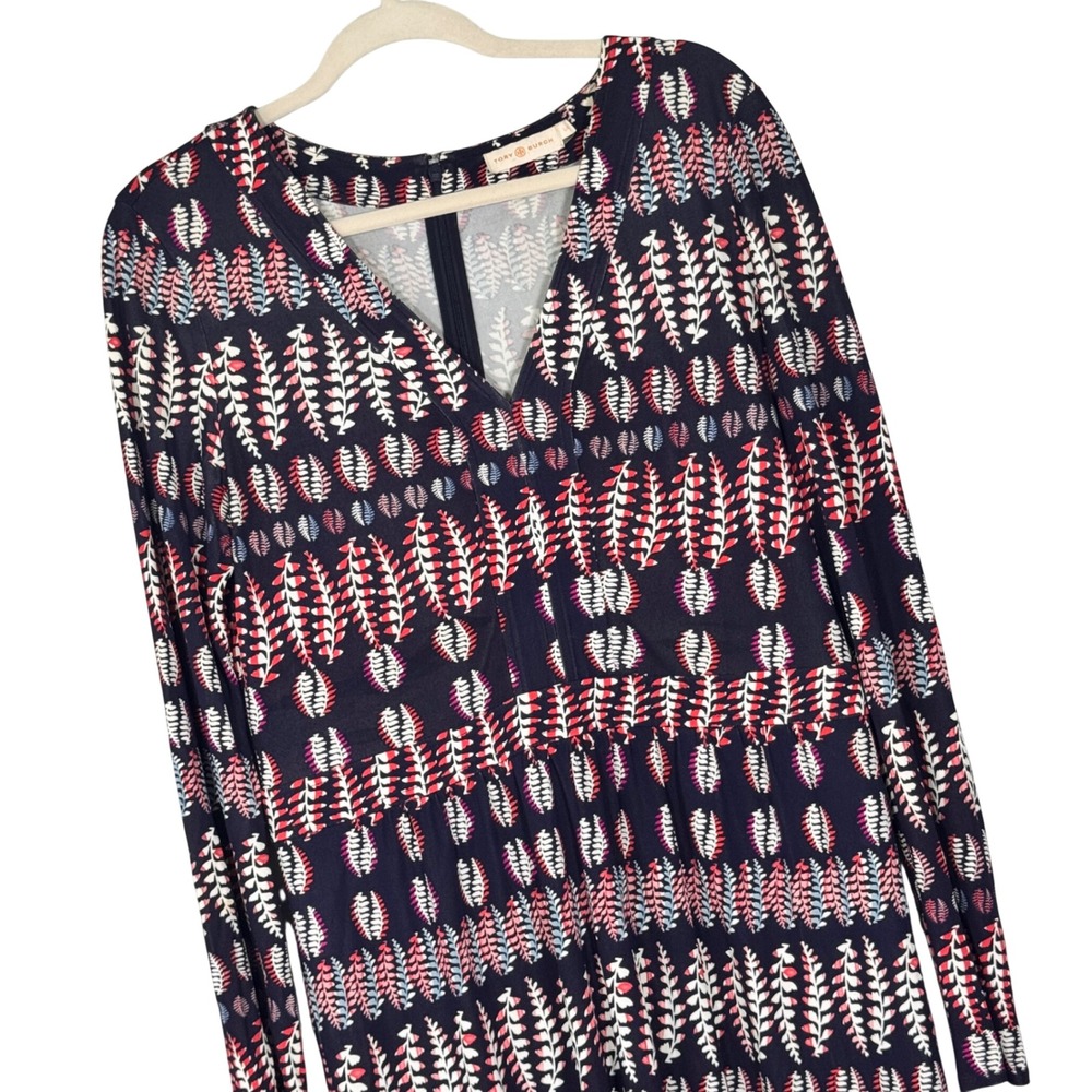 Tory Burch V-Neck Botanical Leaf Long Sleeve Jersey Dress Womens L Navy Blue Red